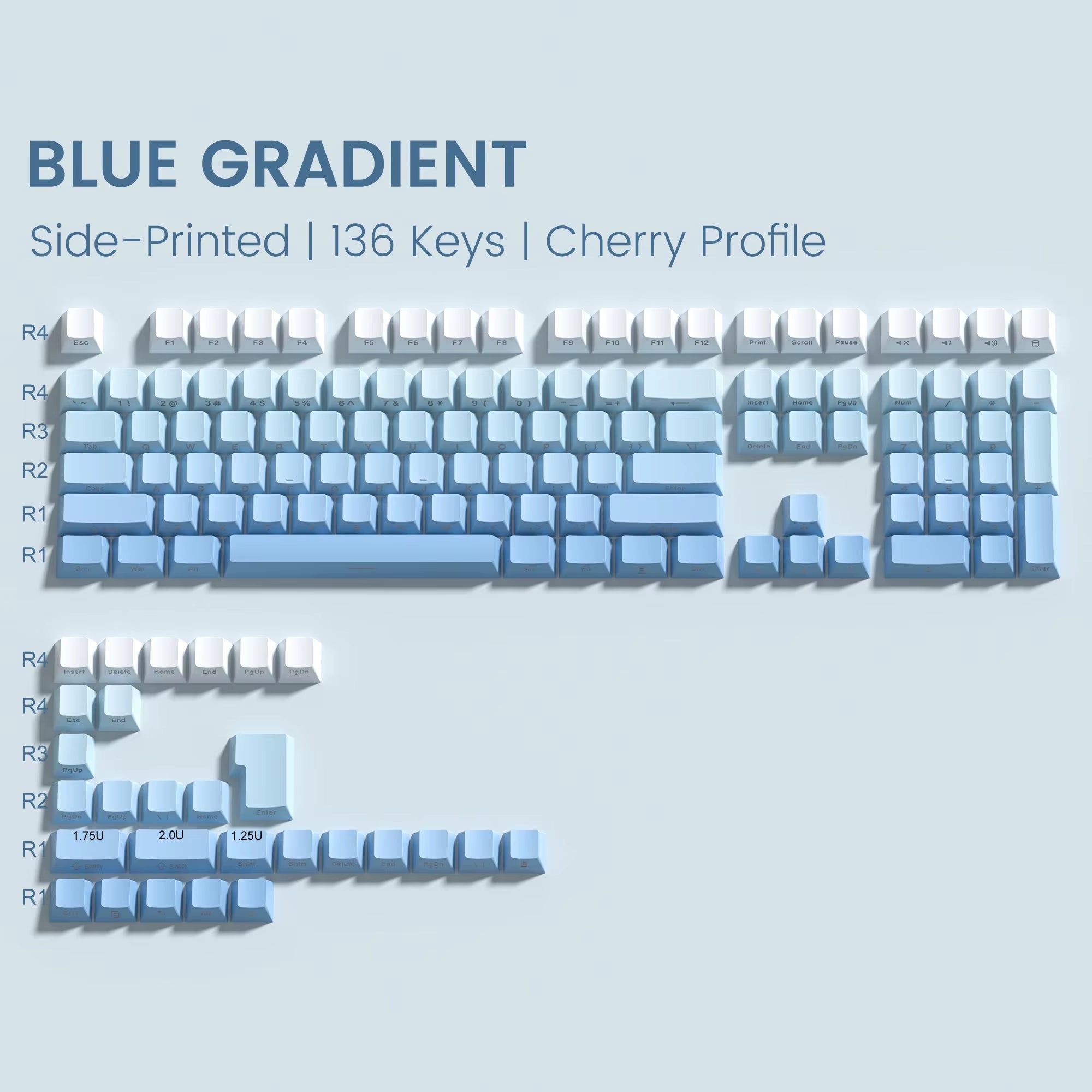 Gradient Blue Side Printed Keycaps Cherry Profile Double Shot PBT Keycaps 136 Keys for Cherry Gateron MX Switches Gamer Keyboard