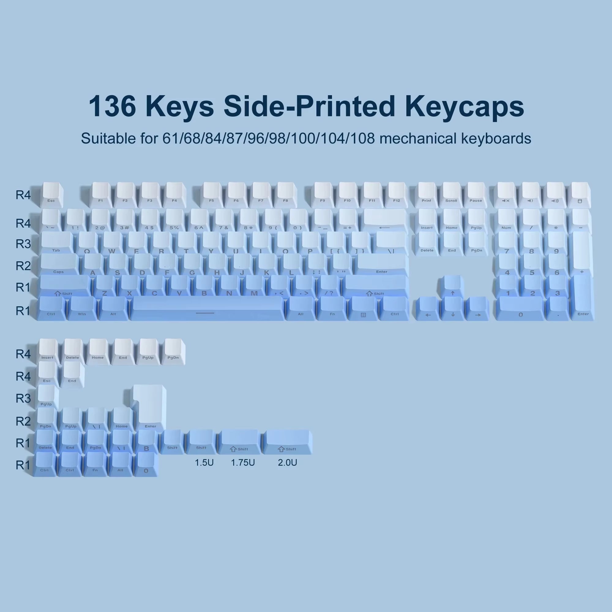 Gradient Blue Side Printed Keycaps Cherry Profile Double Shot PBT Keycaps 136 Keys for Cherry Gateron MX Switches Gamer Keyboard