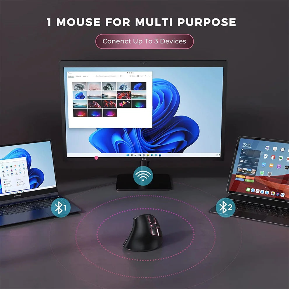 2.4G + Bluetooth Vertical Mouse Wireless for Apple Mac Laptop Notebook, 9 Buttons Rechargeable Ergonomic Gaming Mouse for PC and iPad