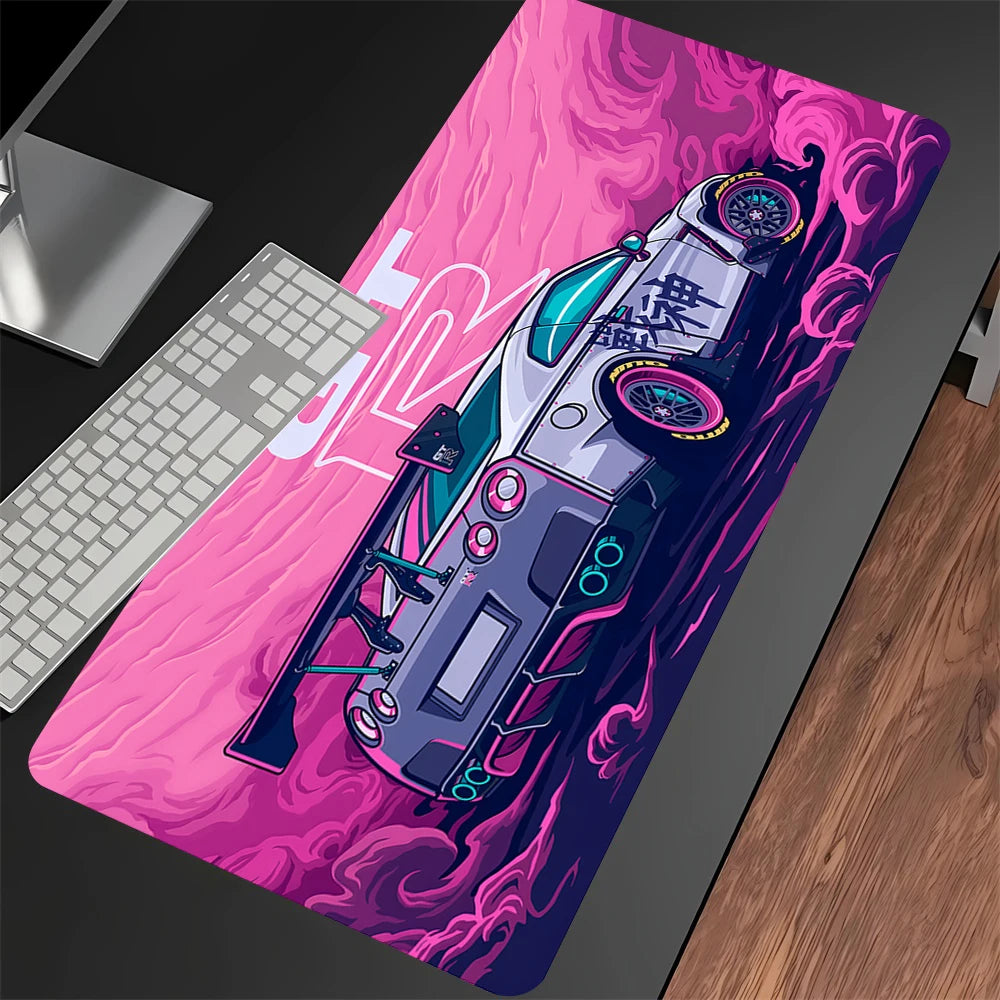 xxl racing car gaming mouse pad with anime car design on desk setup

