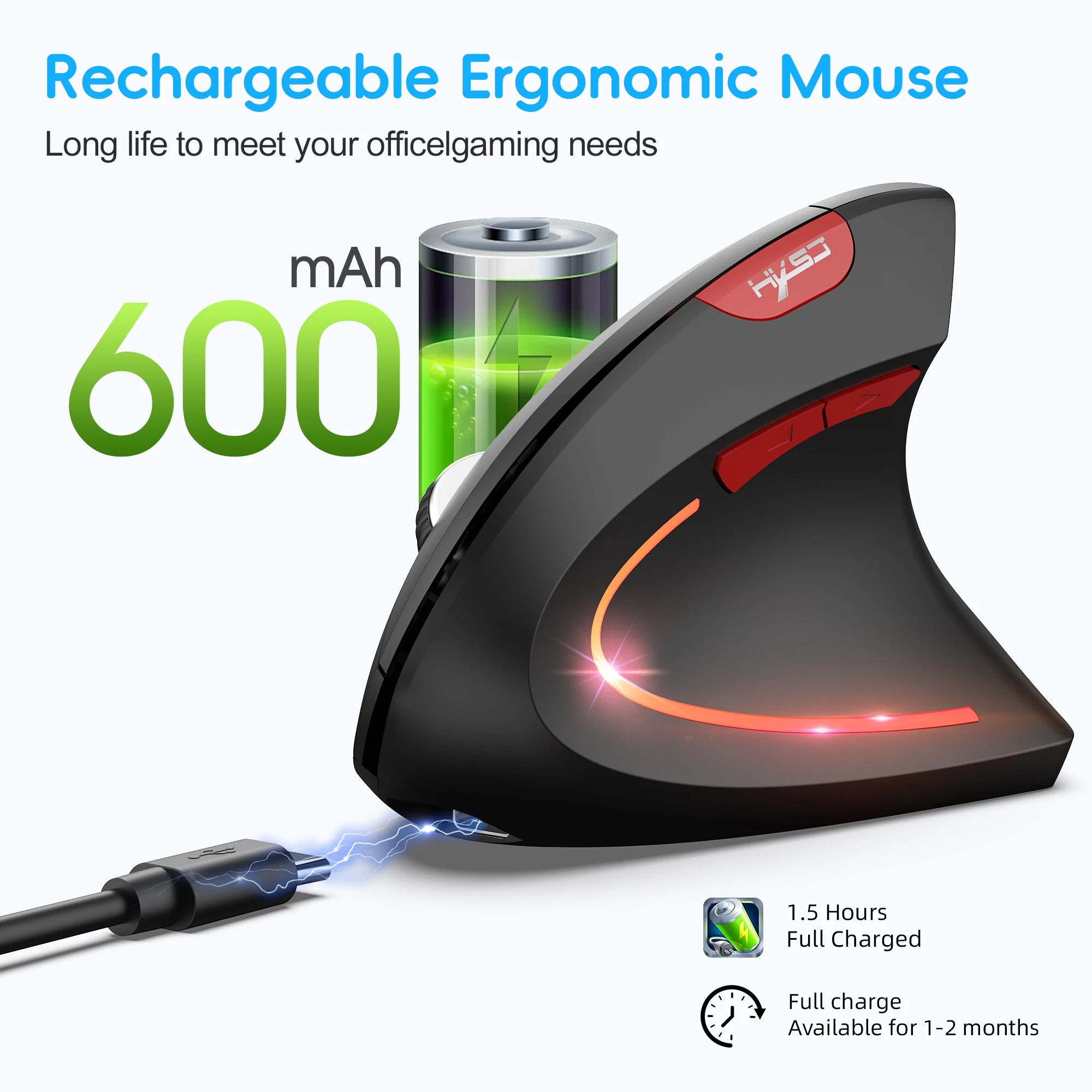Dual Mode Vertical Ergonomic Mouse – Rechargeable 600mAh, 2400 DPI, Type-C