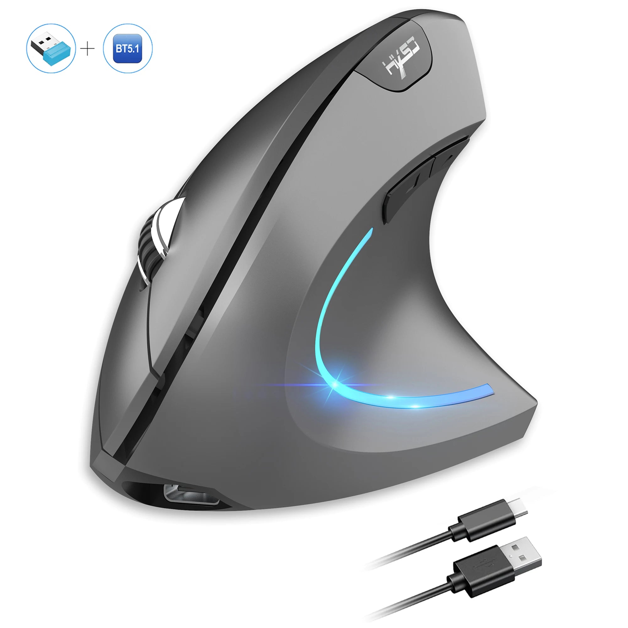 Dual Mode Vertical Ergonomic Mouse – Rechargeable 600mAh, 2400 DPI, Type-C