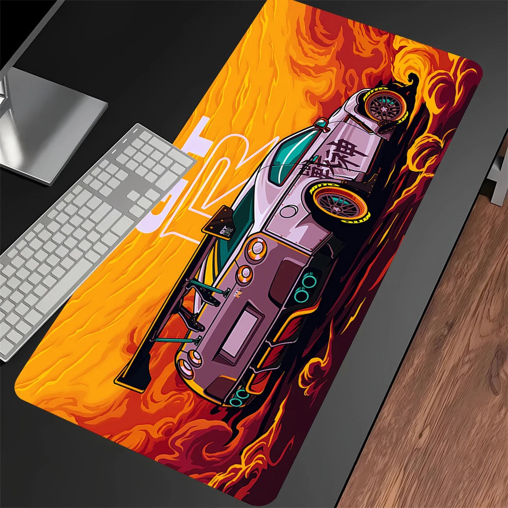anime racing car XXL gaming mouse pad on desk with keyboard and orange flame design
