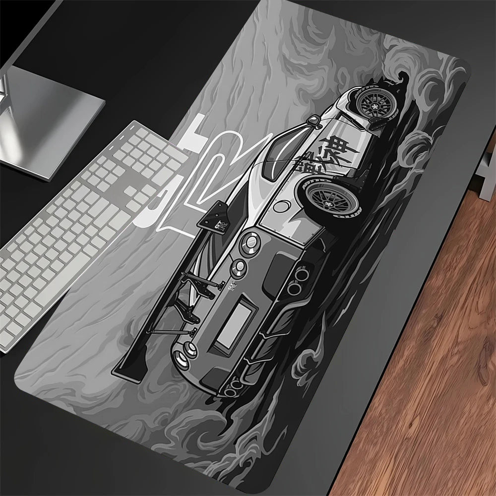 xxl racing car gaming mouse pad with black and grey anime car design on desk
