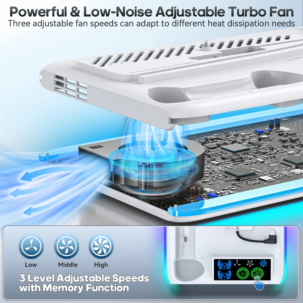 PS5 / PS5 Slim / PS5 Pro Cooling Stand with Controller Charging Station, Headphone Hook & 3-Level Cooling Fan