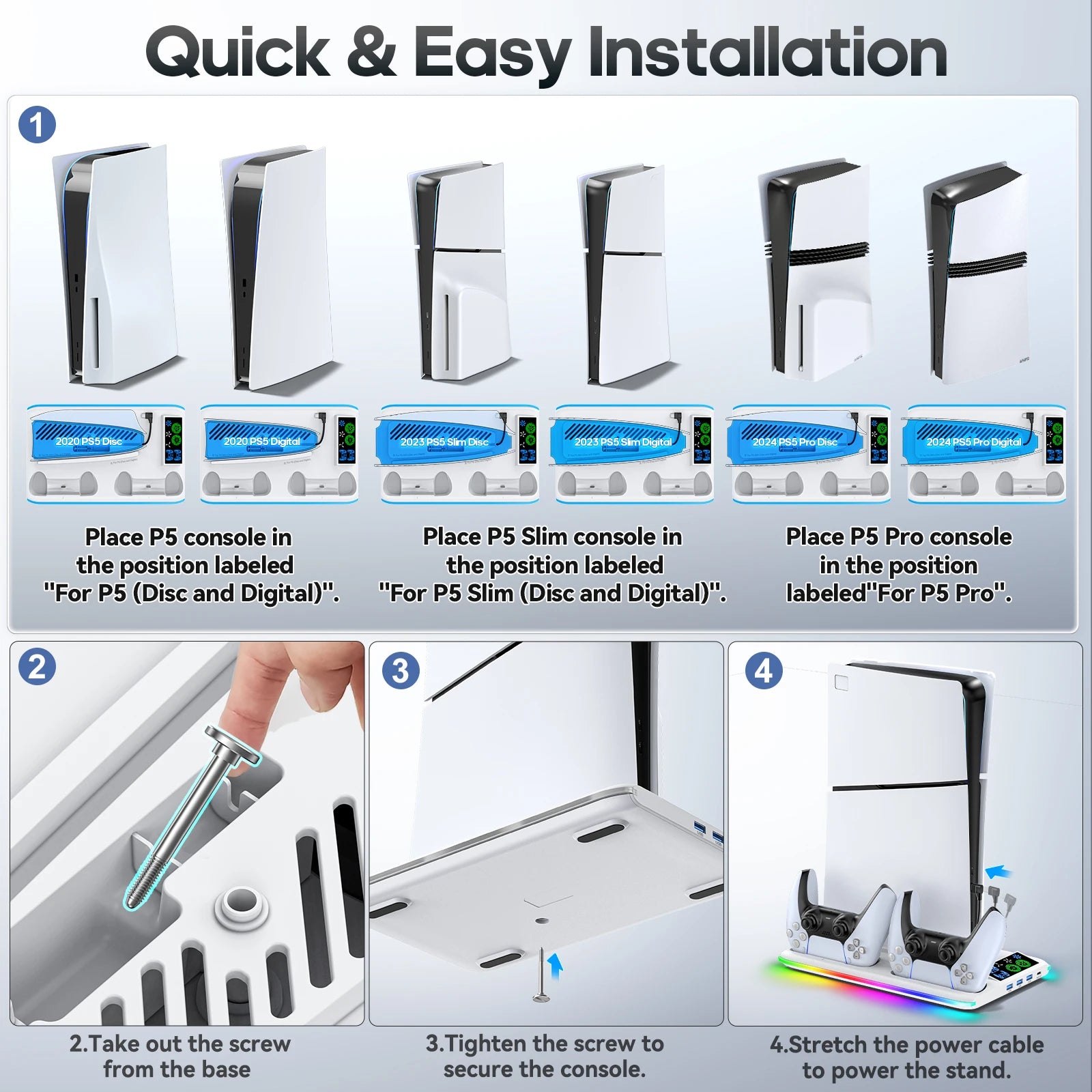 PS5 / PS5 Slim / PS5 Pro Cooling Stand with Controller Charging Station, Headphone Hook & 3-Level Cooling Fan