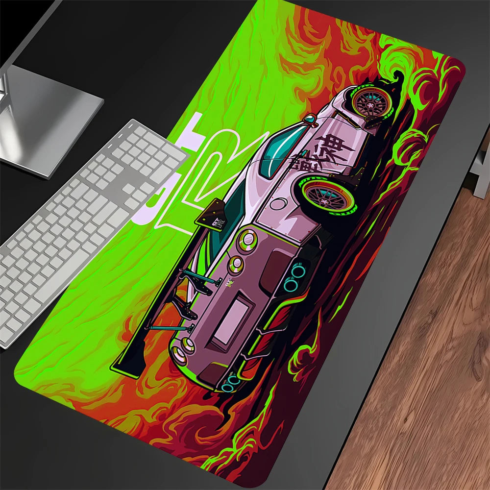 anime racing car XXL gaming mouse pad on desk with keyboard and mouse
