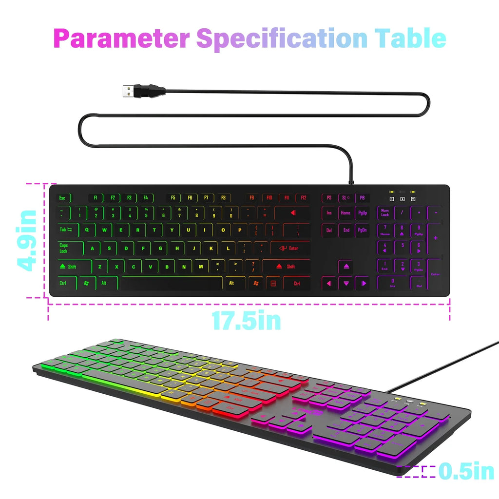 Computer Gaming Keyboard Light Backlit RGB Mute Wired Keyboard USB Office Home Russian French Spanish German Arabic English