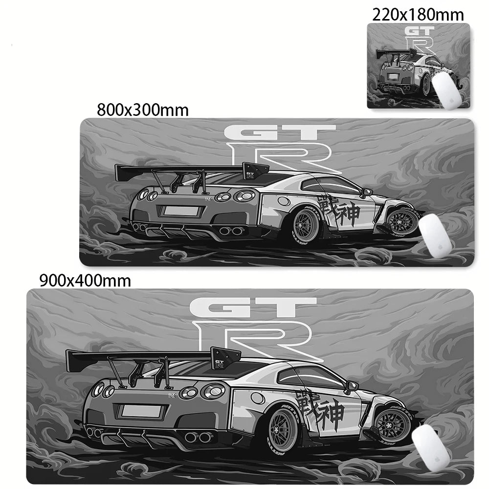 xxl racing car gaming mouse pad with black and grey anime car design showing size options
