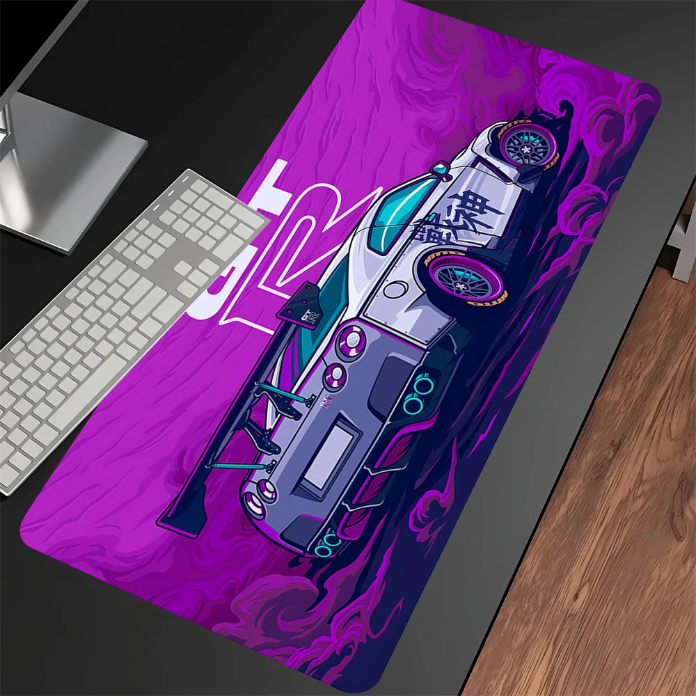 xxl racing car gaming mouse pad with purple anime car design on desk
