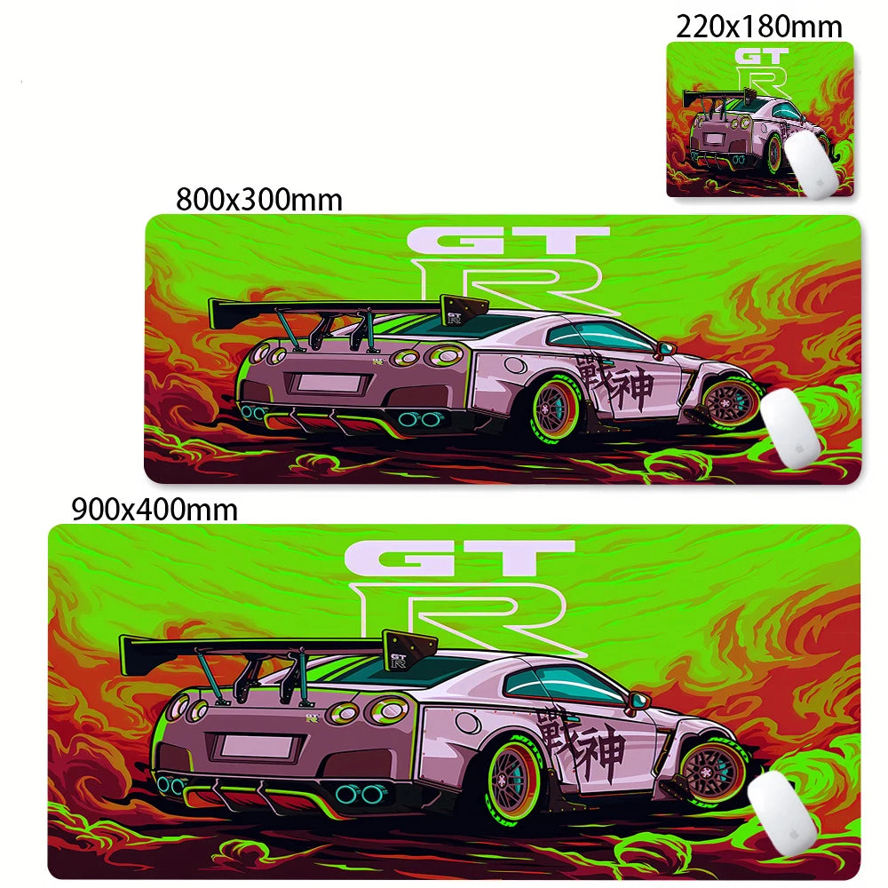 xxl racing car gaming mouse pad in green color showing size options

